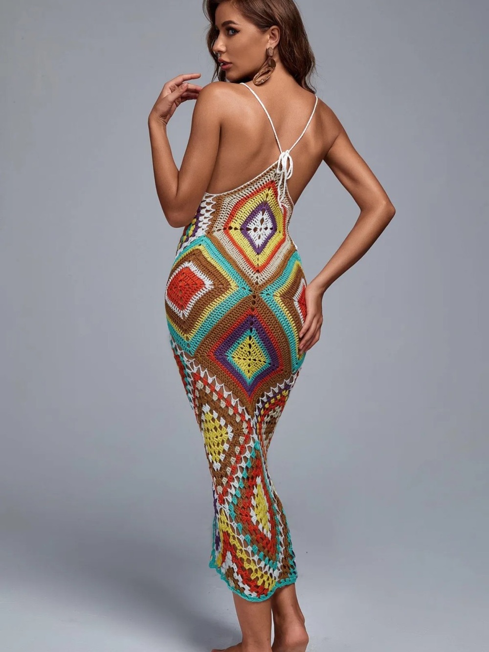 Boho Multicolor Crochet Backless Maxi Dress